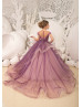 Beaded Purple Tulle Floor Length Horsehair Hem Flower Girl Dress